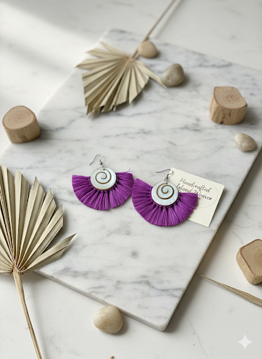 Mahina Handcrafted  on Mother of Pearls Purple Fan Earrings