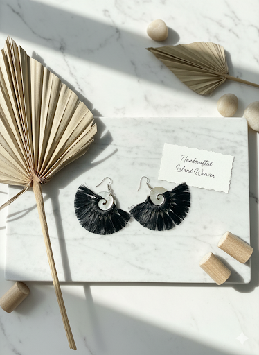 Mahina Handcrafted on Mother of Pearls Black Fan Earrings