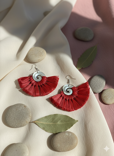 Mahina Red Weaved on Mother of Pearls Earrings